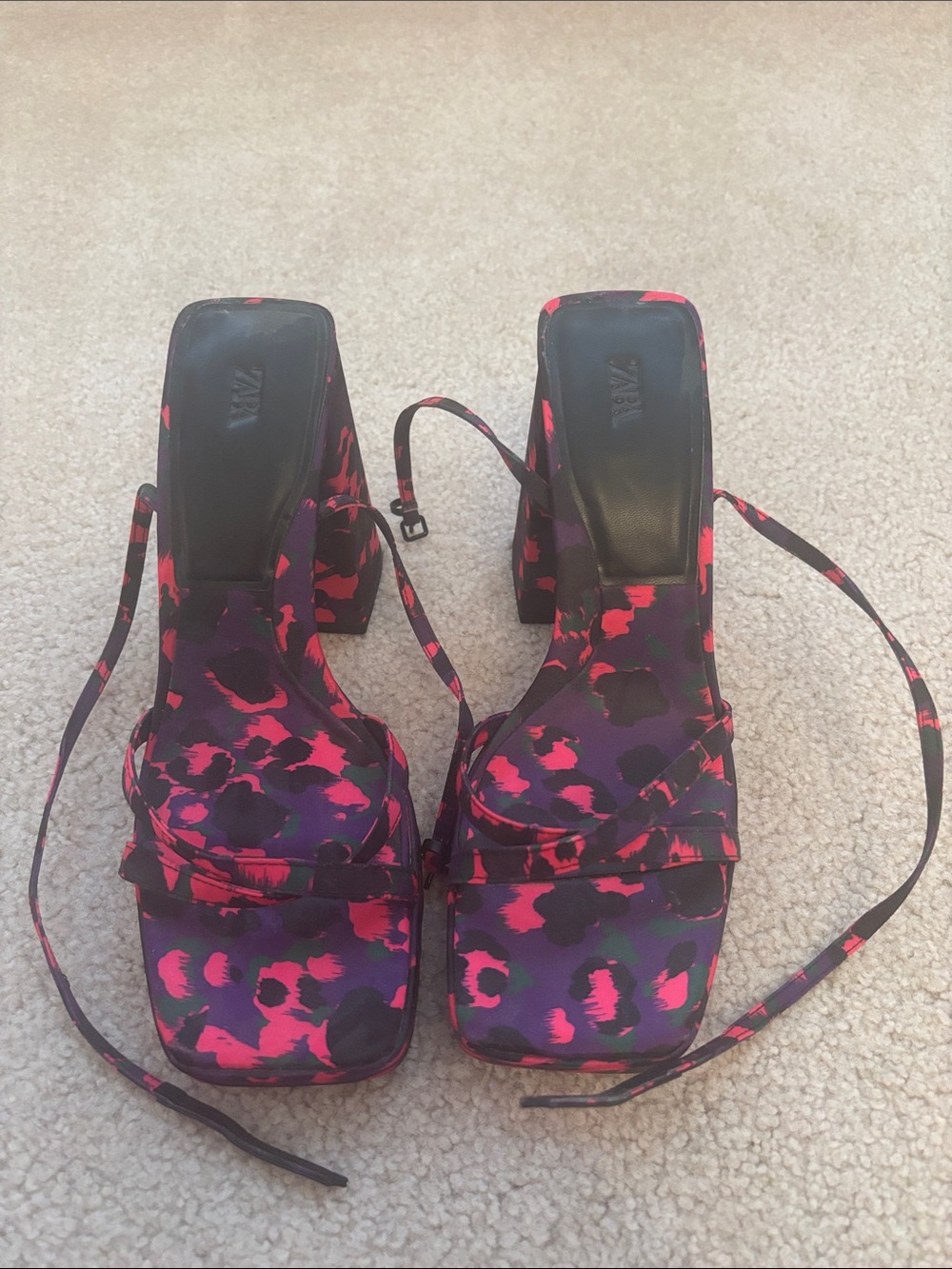 Zara Pink and Purple Printed Lace-Up Block Heel Sandals